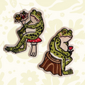 Forager Provisions LTD Stay Home Club embroidered frog patches featuring a frog on a mushroom and a frog on a stump.