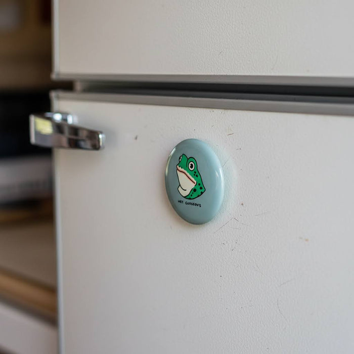 Forager Provisions LTD round magnet featuring a cute green frog illustration with the text Hey Gorgeous on a fridge