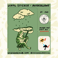 Forager Provisions LTD Stay Home Club vinyl sticker featuring a frog holding a leaf umbrella under a rainy cloud.
