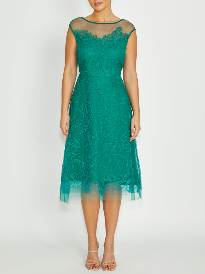 Women's Embroidered Mesh Midi Length Dress in Green | Stellar