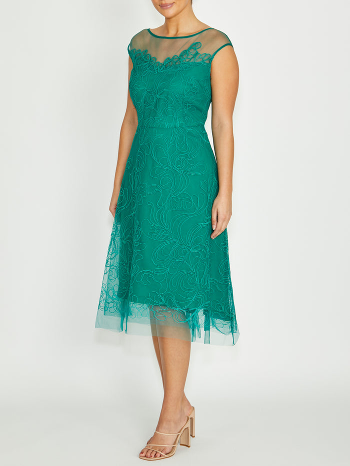 Women's Embroidered Mesh Midi Length Dress in Green | Stellar