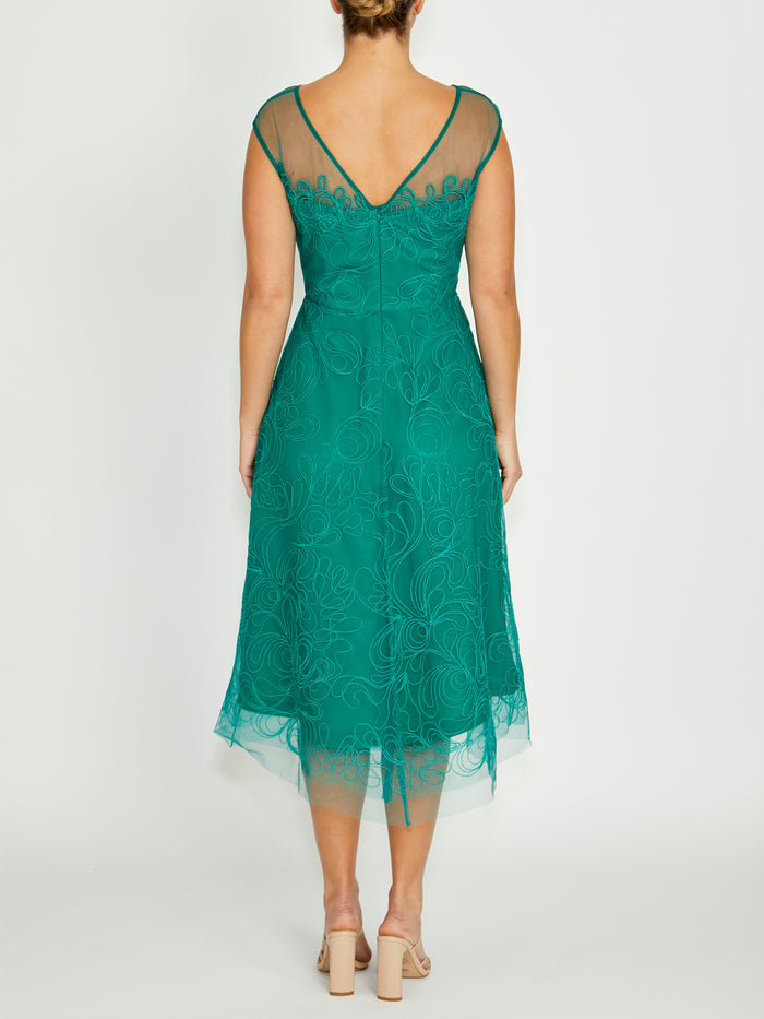 Women's Embroidered Mesh Midi Length Dress in Green | Stellar