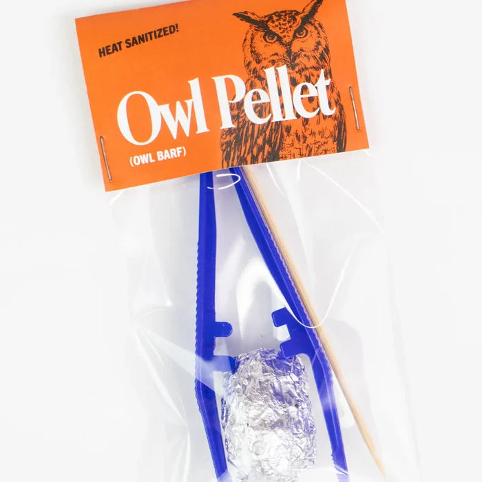 Stemcell Science Owl Dissection Kit: blue tweezers, wood stick, foil-wrapped pellet—perfect for owl pellet science study.