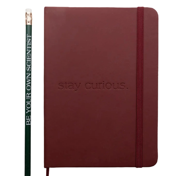 Forager Provisions LTD burgundy hardcover journal with Stay Curious debossed cover and matching green pencil