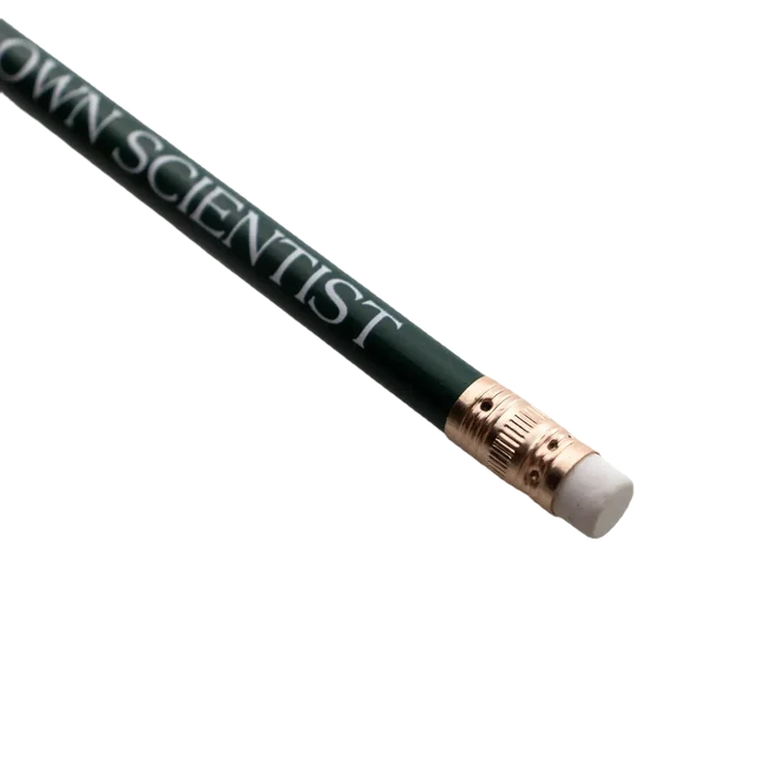 A pencil from the Stemcell Science Shop - Stay Curious Journal & Pencil Set, featuring a dark green body, a white eraser, and the phrase "KNOWN SCIENTIST" printed in white, perfect for jotting notes in your hardcover observation journal.