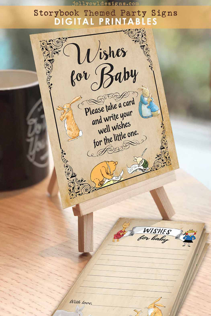 Story Book Themed Baby Shower - Wishes for Baby Sign and Card - Jolly Owl Designs