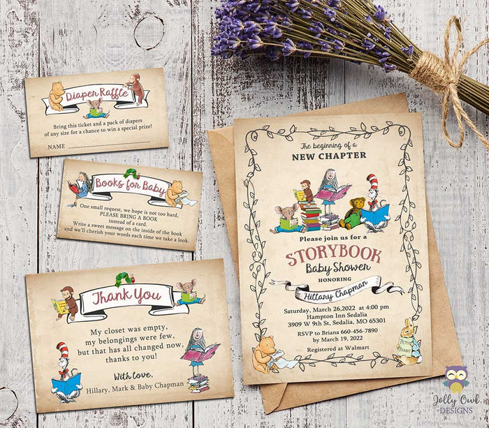 Storybook Baby Shower Invitation Bundle with Thank You Card, Book Request and Diaper Raffle Insert - Jolly Owl Designs