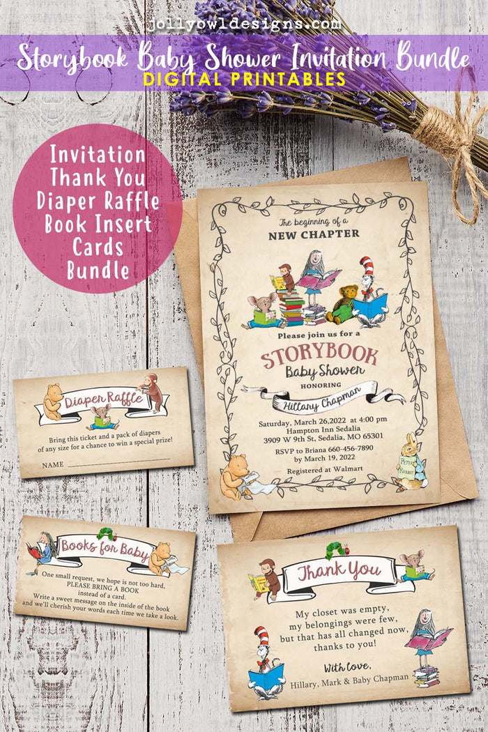 Storybook Baby Shower Invitation Bundle with Thank You Card, Book Request and Diaper Raffle Insert - Jolly Owl Designs