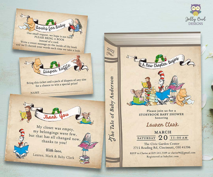 Storybook Baby Shower Invitation Bundle with Thank You Card, Diaper Raffle and Book Request Insert - Jolly Owl Designs