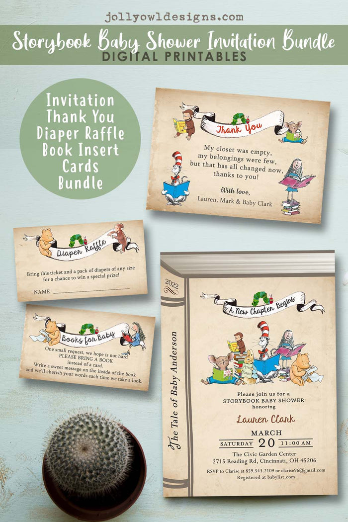 Storybook Baby Shower Invitation Bundle with Thank You Card, Diaper Raffle and Book Request Insert - Jolly Owl Designs