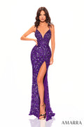 A woman wears a deep purple sequined gown with a high slit and plunging neckline, standing in a modeling pose.