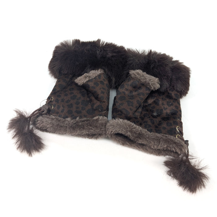 Suede Effect Fingerless Gloves - Dark Brown Animal Print