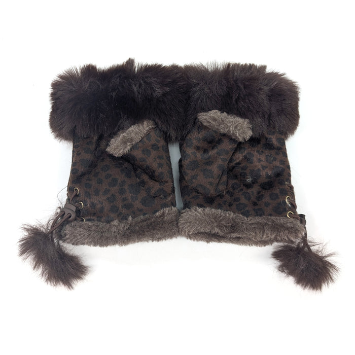 Suede Effect Fingerless Gloves - Dark Brown Animal Print