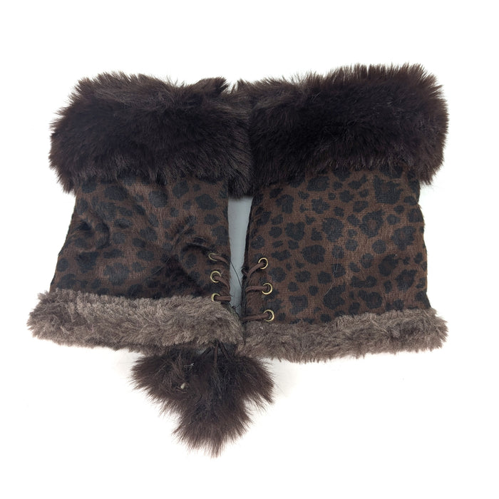 Suede Effect Fingerless Gloves - Dark Brown Animal Print