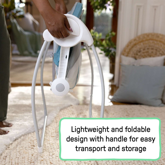 Sun Valley Canopy Portable Swing in teal with canopy, reclining seat, toys, and foldable design for infants