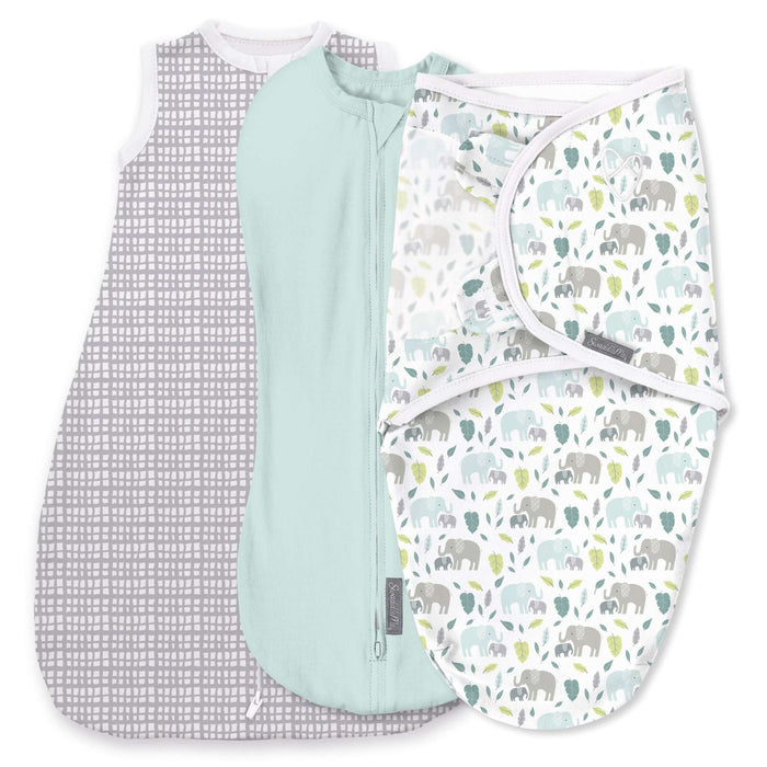 SwaddleMe by Ingenuity Comfort Pack, 3pk, Pod, Original Swaddle, Night Sack, Baby Elephant, 0-3 Months, Soft Cotton.