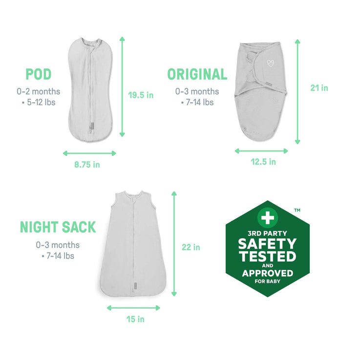 SwaddleMe by Ingenuity Comfort Pack with Original Swaddle, Pod, and Night Sack for 0-3 month babies featuring baby elephant design