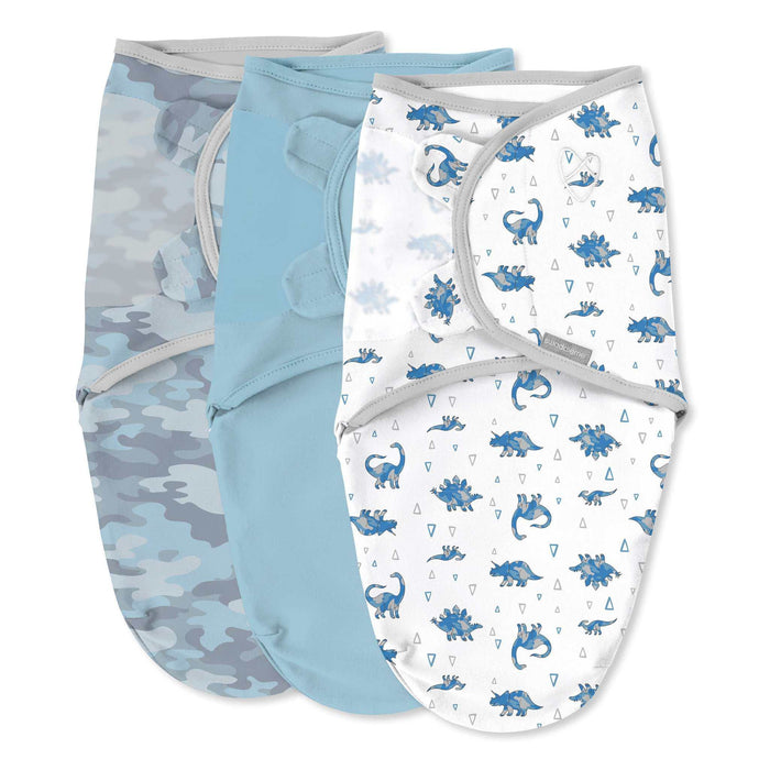 SwaddleMe by Ingenuity Original Swaddle 0-3 months 3-pack with dinosaur design, 100% cotton, adjustable wings, hook-and-loop closures for secure fit