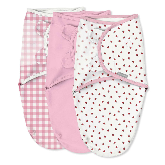 SwaddleMe by Ingenuity Original swaddle in small/medium with ladybug picnic design for newborns 0-3 months, 100% cotton, adjustable wings, hook-and-loop closures