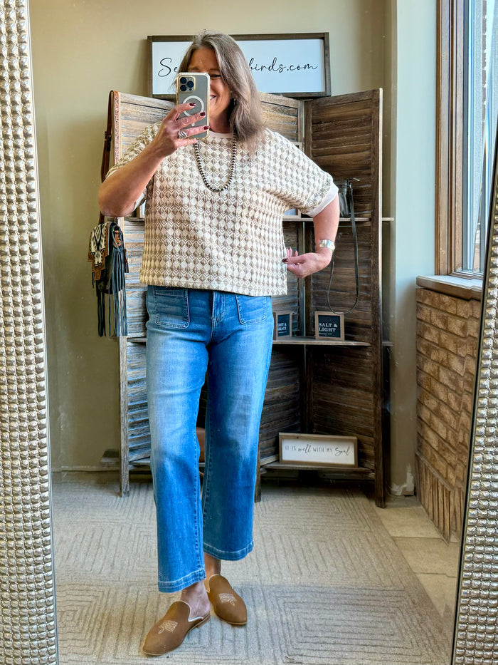 Tan geometric short-sleeve T-shirt with crew neck, textured grid pattern