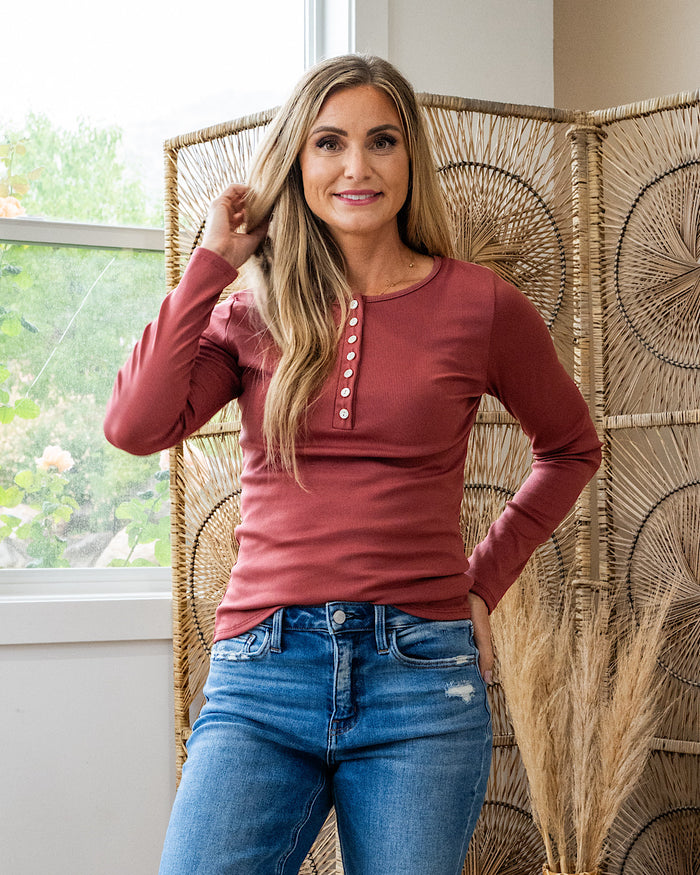 Tatum Micro Ribbed Henley Top - Color Options Available! Lovely Melody Dark Rose