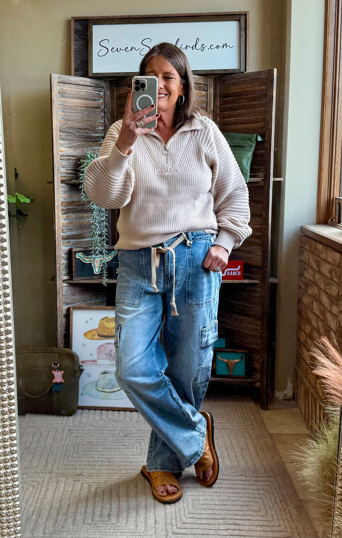 Taupe ribbed knit 1/4-zip sweater with balloon sleeves and quarter-button placket
