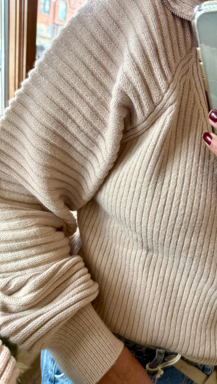 Taupe cable-knit texture 1/4-zip sweater with gathered balloon sleeve cuff