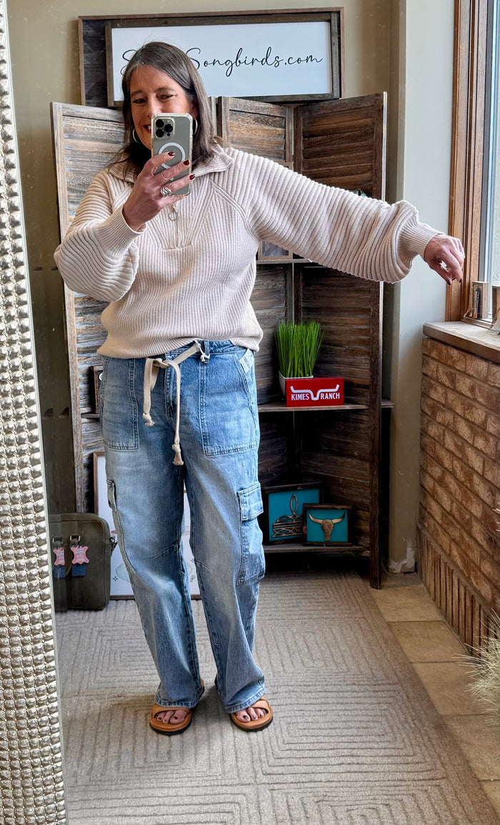 Taupe ribbed 1/4-zip sweater with balloon sleeves and buttoned collar