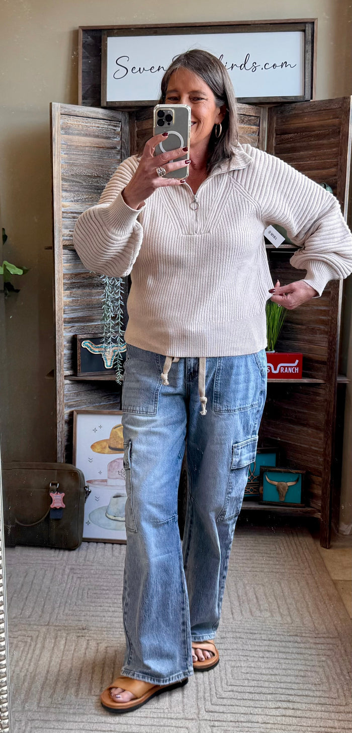 Taupe ribbed knit 1/4-zip sweater with balloon sleeves