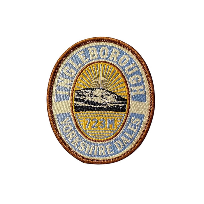 Forager Provisions LTD embroidered Ingleborough patch featuring a mountain summit, sunburst, and Yorkshire Dales text.