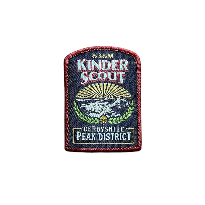 Forager Provisions LTD Kinder Scout embroidered patch featuring Peak District landscape on a rustic wooden background.