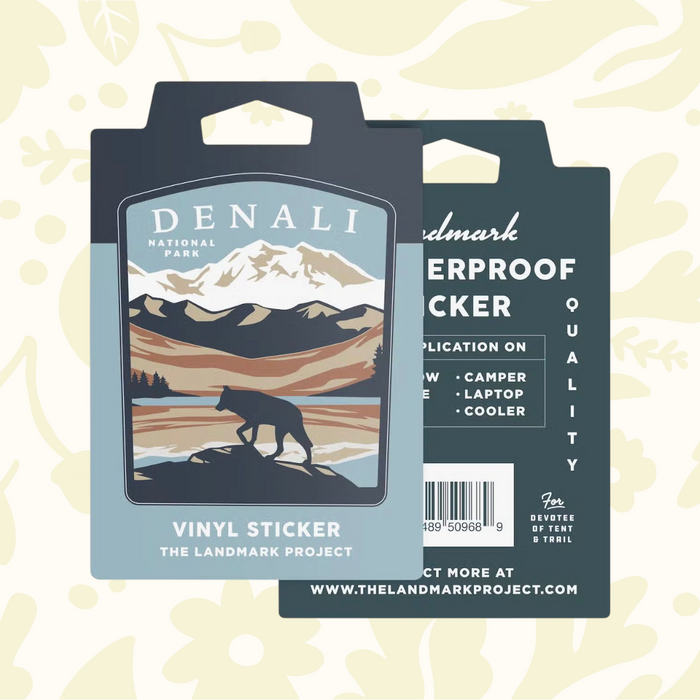 Forager Provisions LTD Denali National Park vinyl sticker featuring a wolf silhouette and mountain landscape artwork.
