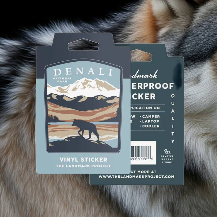 Denali National Park vinyl sticker by The Landmark Project—weatherproof, wolf & mountain art, partial package displayed.
