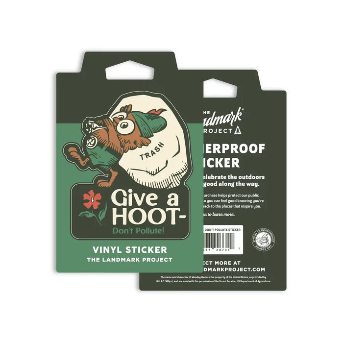 The Landmark Project Give A Hoot Don’t Pollute sticker shows Woodsy Owl, perfect for outdoor gear to encourage collecting trash.