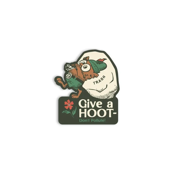Eco-friendly owl in cap holds trash bag and flower with Give A Hoot Don't Pollute message, The Landmark Project sticker.