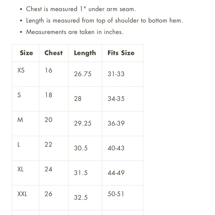 Forager Provisions LTD size chart table for unisex t-shirt showing chest and length measurements in inches