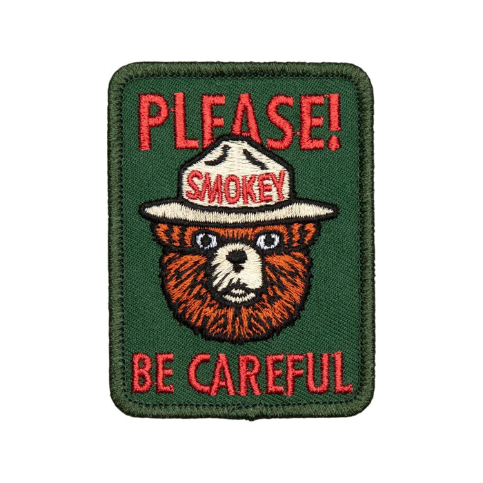 Forager Provisions LTD embroidered Smokey Bear patch featuring a green background and Please Be Careful text