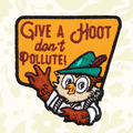 Forager Provisions LTD Woodsy Owl embroidered patch featuring the Give a Hoot Don't Pollute slogan on a yellow background