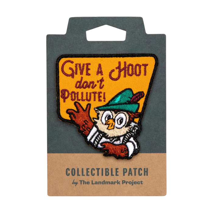 Forager Provisions LTD Woodsy Owl embroidered patch featuring the Give a Hoot Don't Pollute slogan on a display card.