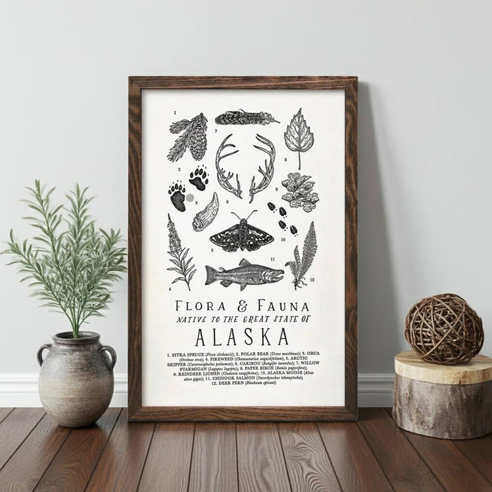 Forager Provisions LTD Alaska flora and fauna letterpress art print featuring wildlife illustrations on cotton paper.