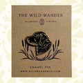 Black Lab enamel pin by The Wild Wander, custom illustrated on branded card, gift from Richmond VA, perfect for dog lovers.