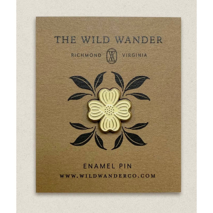 Forager Provisions LTD ivory and antique gold dogwood flower enamel pin on an illustrated kraft backing card.