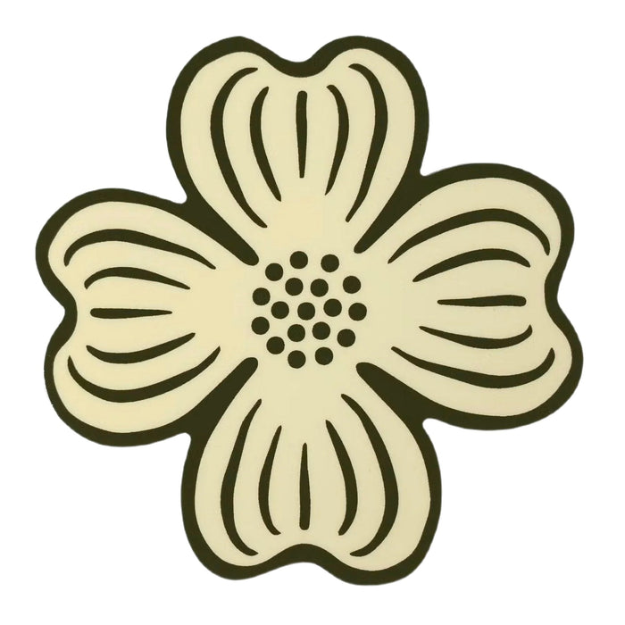 Forager Provisions LTD dogwood flower sticker featuring a black line art design on white outdoor rated vinyl