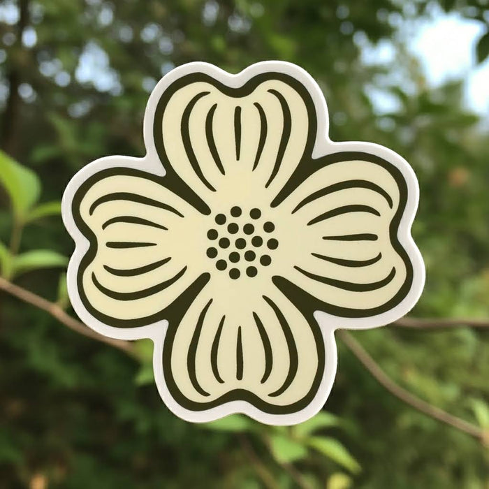 Forager Provisions LTD dogwood flower sticker with black line art on a white outdoor vinyl background