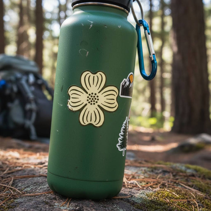 Forager Provisions LTD The Wild Wander dogwood flower sticker in black on white vinyl applied to a green water bottle