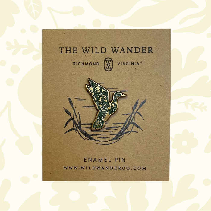 Forager Provisions LTD hard enamel mallard duck pin in flight with gold-plated finish on illustrated backing card