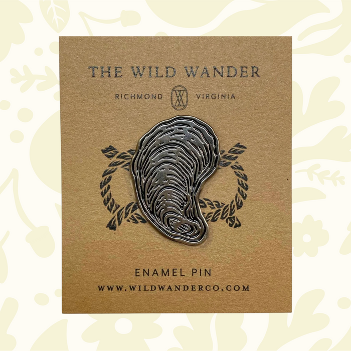 Forager Provisions LTD oyster shell enamel pin with gold-tone metal accents on a branded backing card.