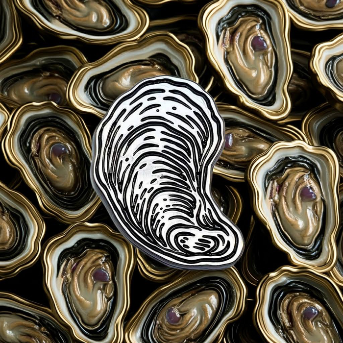 Forager Provisions LTD oyster enamel pin featuring a detailed black and white shell illustration on a gold background.