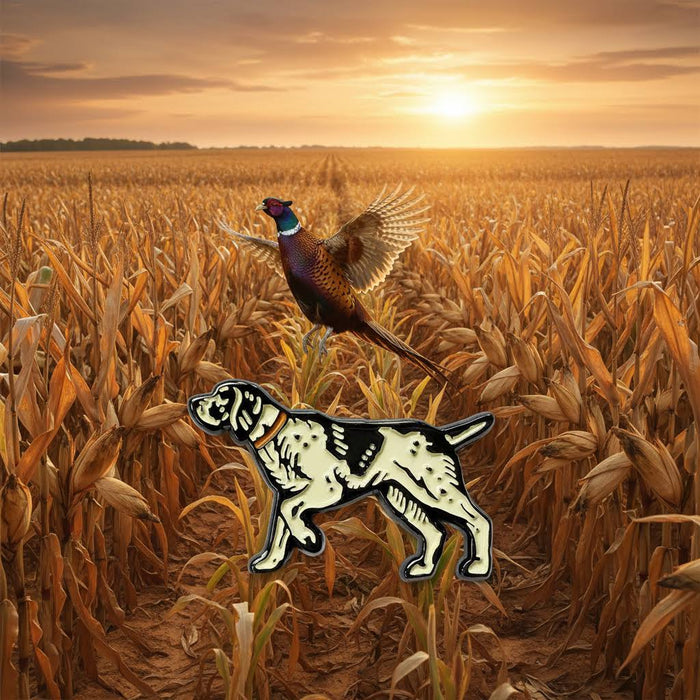 Forager Provisions LTD Pointer Dog enamel pin with gold-plated details, featuring a classic pointing stance.