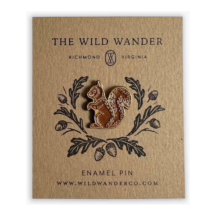 Forager Provisions LTD red squirrel enamel pin with antique gold accents on an illustrated kraft backing card